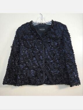 Rena Lange Women's Cropped Navy Blue Tweed Style Sequin Blazer, Size 12 ~ EUC